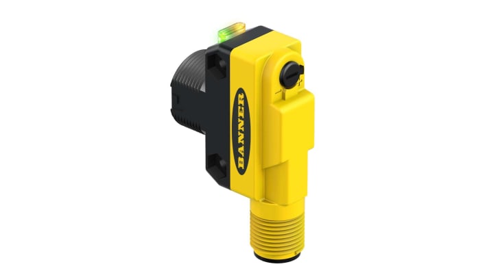 Sensore fotoelettrico cilindrico a retroriflessione Banner QS18VP6LLPQ8, rilevamento 100 mm a 10 m, IP67, connettore M12.