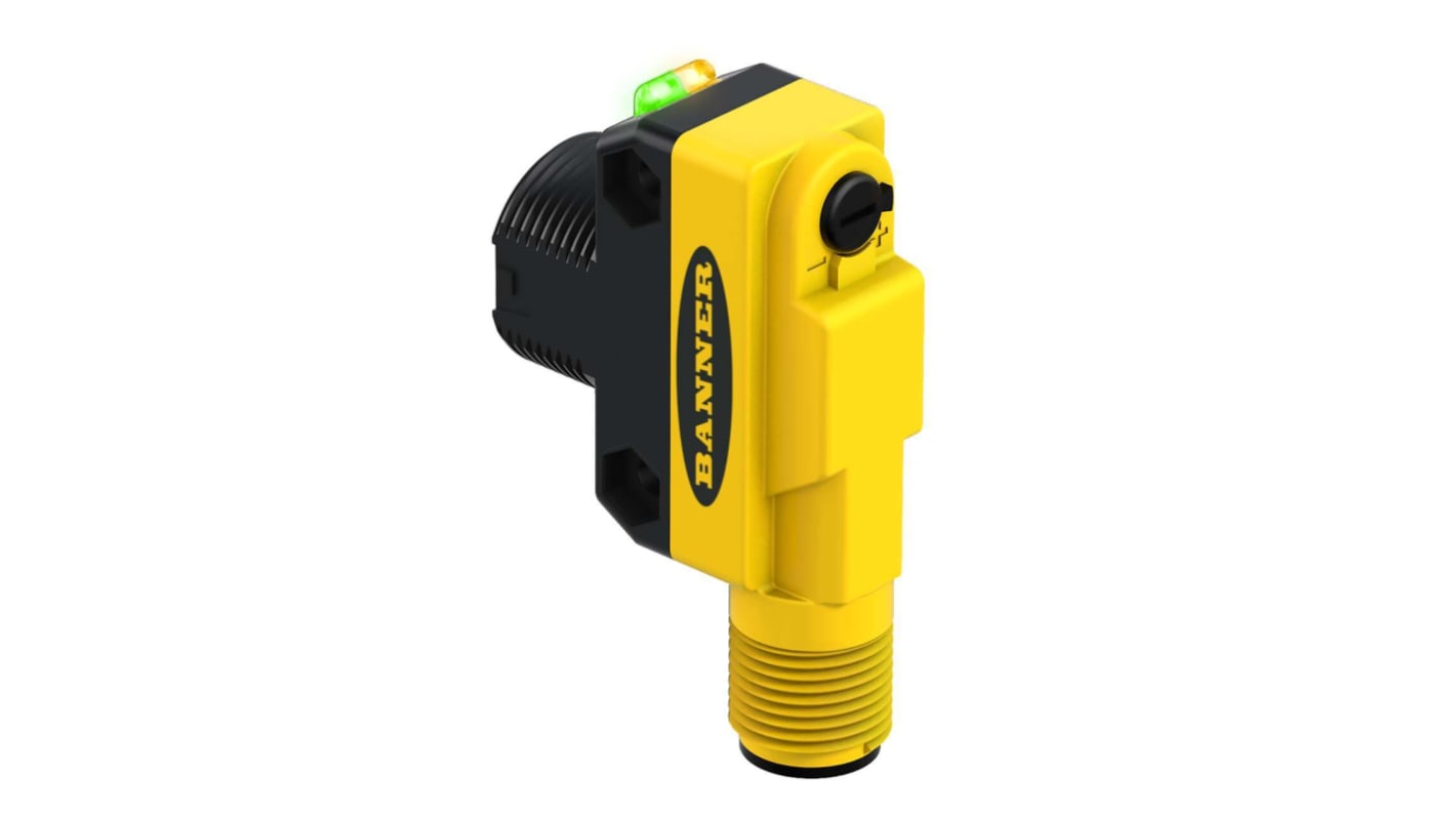 Sensore fotoelettrico cilindrico a retroriflessione Banner QS18VP6LVQ8, portata 6,5 m, uscita PNP, IP67.