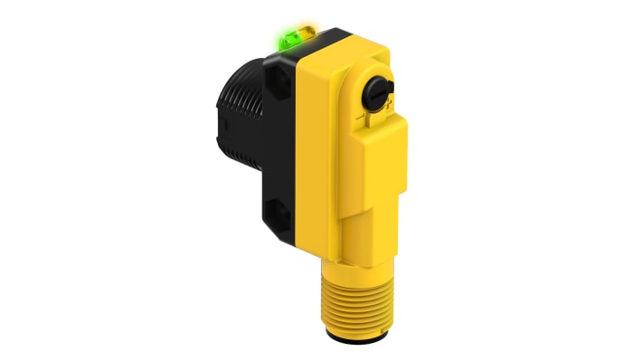 Sensore fotoelettrico cilindrico Banner QS18VP6RQ8, rilevamento fino a 20 m, uscita PNP, IP67, alimentazione 10-30 V CC.