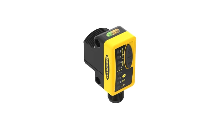 Sensore fotoelettrico rettangolare Banner QS30LDQ, rilevamento fino a 400 mm, uscita NPN/PNP, grado di protezione IP67.