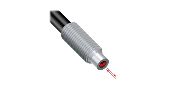 Sensore per fibre ottiche Banner PBT46U, lunghezza 14 mm, resistente a temperature da -30 a +70 °C, con giacca in polietilene.