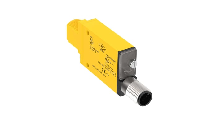 Sensore fotoelettrico rettangolare a retroriflessione Banner MIAD9LVQ, rilevamento fino a 5 m, con uscita PNP e connettore M12. Dimensioni 23 mm x 20 mm x 8 mm. Grado di protezione IP67.