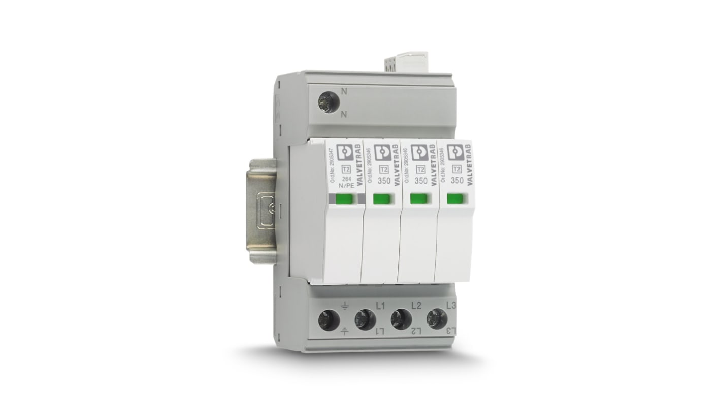Protezione sovratensioni 3 fasi 50kA 1,9kV Phoenix Contact 2905340 VAL-SEC-T2-3S-350-FM DIN. Montaggio rapido su guida DIN standard, IP20, temperatura -40 °C / +80 °C.