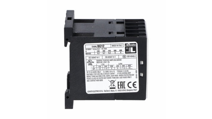 Contattore Lovato 11BG1210A024, 3 poli, 12 A, 24 V c.a., montaggio su guida DIN, dimensioni 44x58x57 mm, IP20.