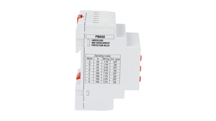 Relè Lovato PMA50A480 per monitoraggio corrente, montaggio su guida DIN, dimensioni 53.5 x 64.9 x 104.7 mm, protezione pompe.