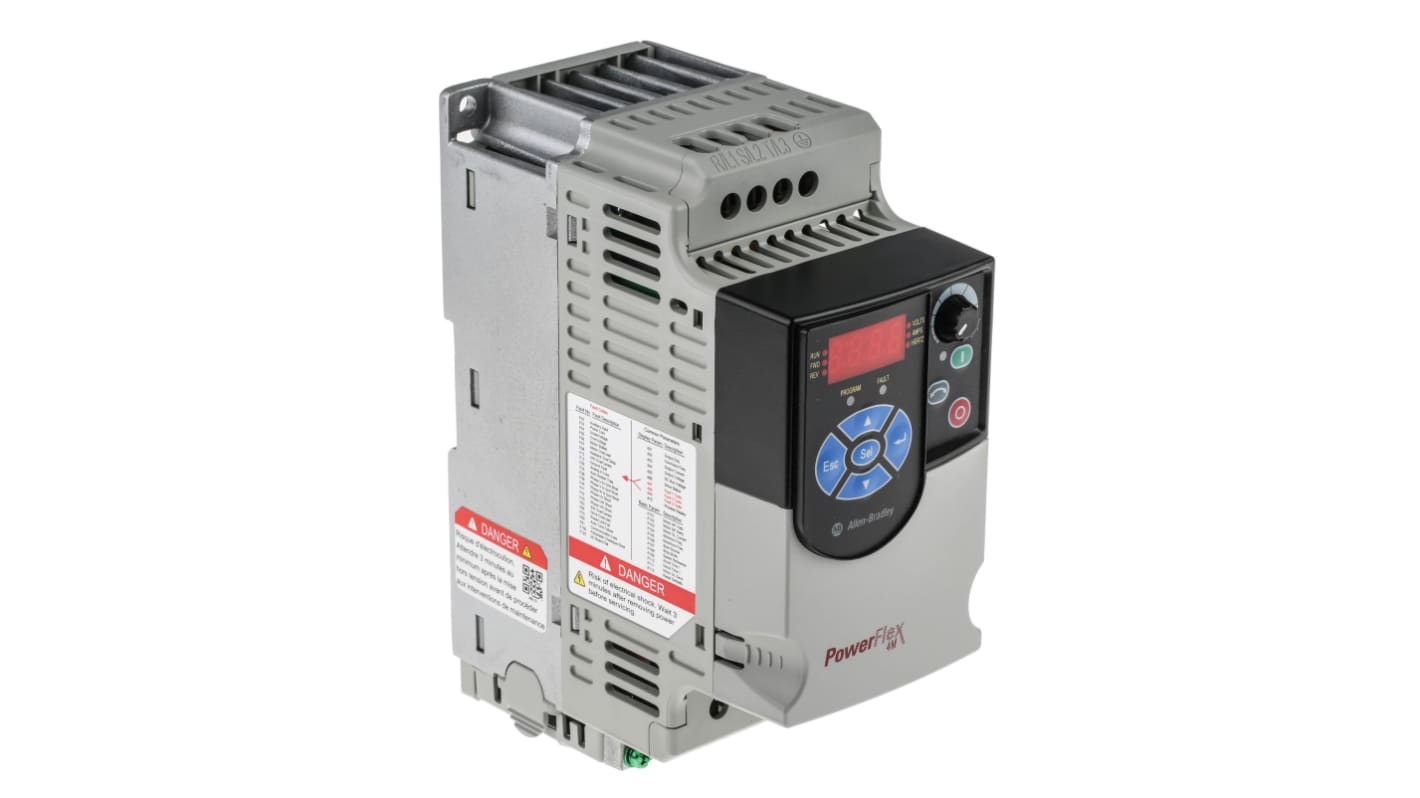 Inverter trifase Allen Bradley 22F-D4P2N113, 1,5 kW, montaggio a pannello, dimensioni 174x72x136 mm, comunicazione ModBus.