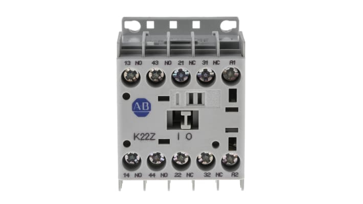 Contattore Allen Bradley 700-K22Z-DJ, 4 poli, 10 A, bobina 24 V c.c., montaggio su guida DIN, dimensioni 108.2 x 44.9 x 78.7 mm.