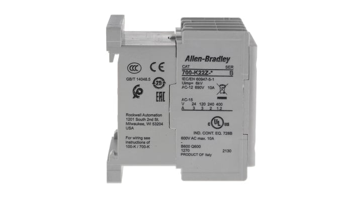 Contattore Allen Bradley 700-K22Z-DJ, 4 poli, 10 A, bobina 24 V c.c., montaggio su guida DIN, dimensioni 108.2 x 44.9 x 78.7 mm.
