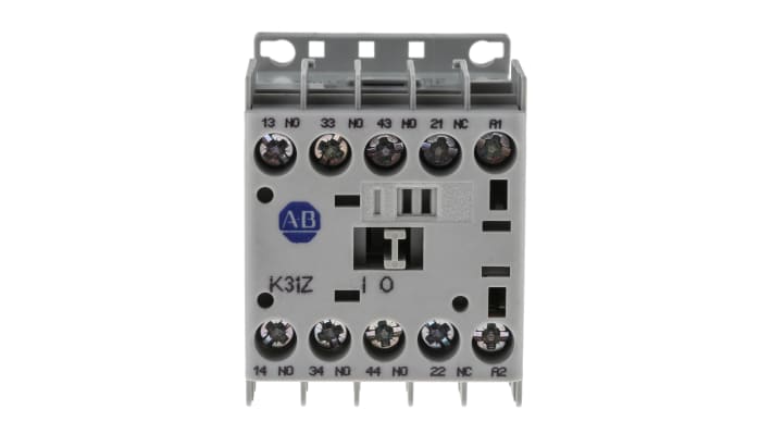 Contattore Allen Bradley 700-K31Z-DJ, 4 poli 3NO + 1NC, bobina 24 V c.c., montaggio su guida DIN, dimensioni 44.9 x 108.2 x 78.7 mm.