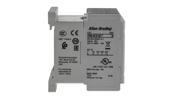 Contattore Allen Bradley 700-K31Z-DJ, 4 poli 3NO + 1NC, bobina 24 V c.c., montaggio su guida DIN, dimensioni 44.9 x 108.2 x 78.7 mm.