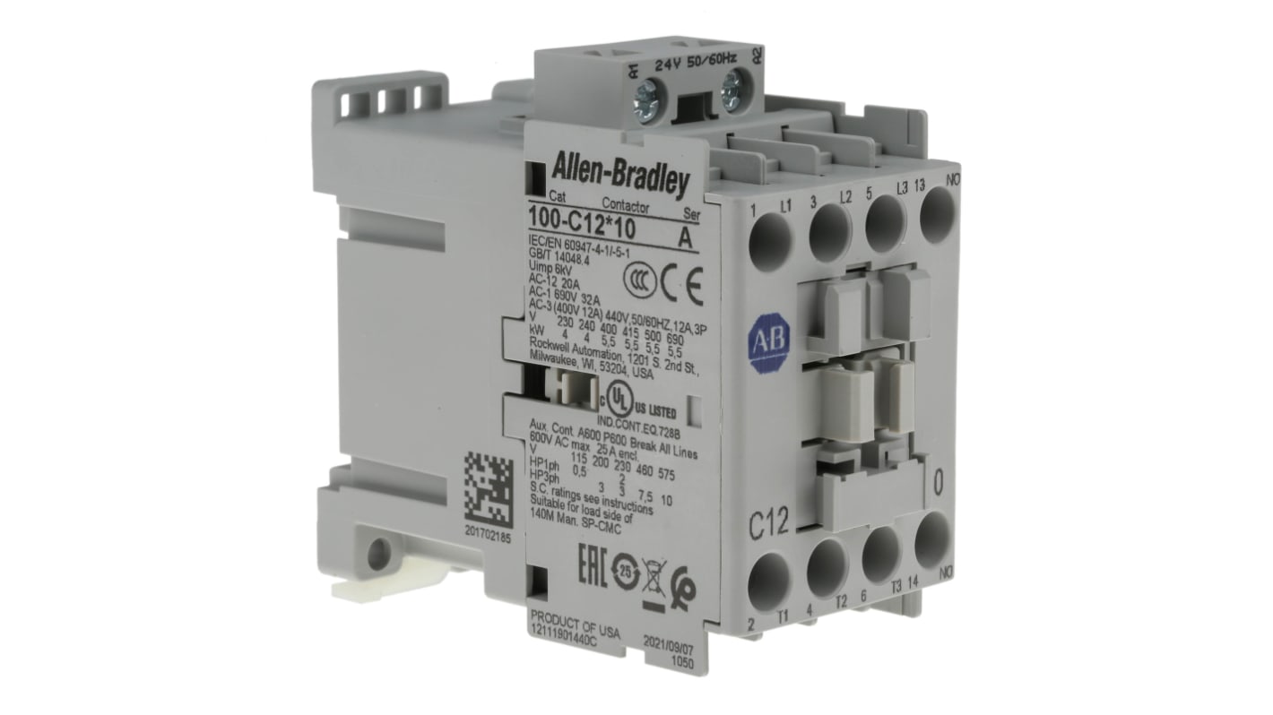 Allen Bradley 100-C12KJ10, contattore per motori 3 poli, 12 A, 24 V c.a., dimensioni 45x81x86,5 mm, grado di protezione IP2X.