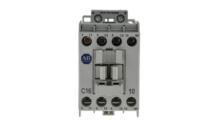 Allen Bradley 100-C16KJ10, contattore per motori 3 poli, 16 A, 24 V c.a., dimensioni 45x81x86,5 mm, grado di protezione IP2X.
