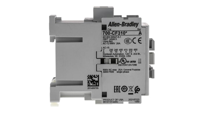 Contattore Allen Bradley 700-CF310KJ, 4 poli, 3NO + 1NC, 10 A, bobina 24 V c.a., montaggio su guida DIN, dimensioni 80.5x45x81 mm.