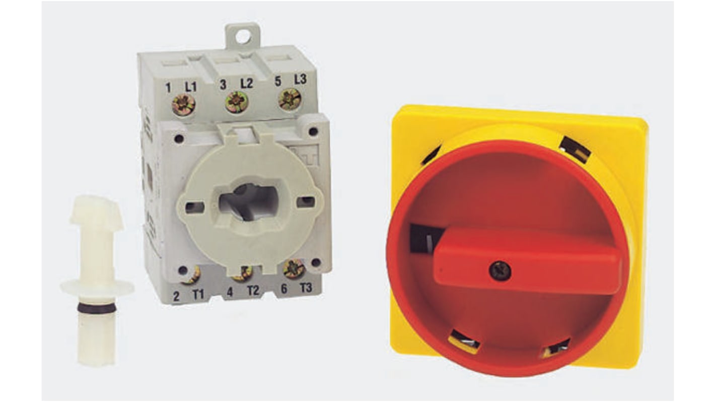 Interruttore di isolamento Allen Bradley 194E-A32-1756, 6 poli, 32A, IP66, dimensioni 70x45x59mm, maniglia nera/grigia e rossa/gialla.