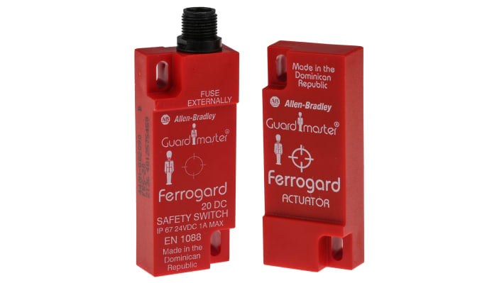 Interruttore di sicurezza senza contatto Allen Bradley Guardmaster 440N-G02090, 24V cc, IP67, dimensioni 76x30x15mm, colore rosso.