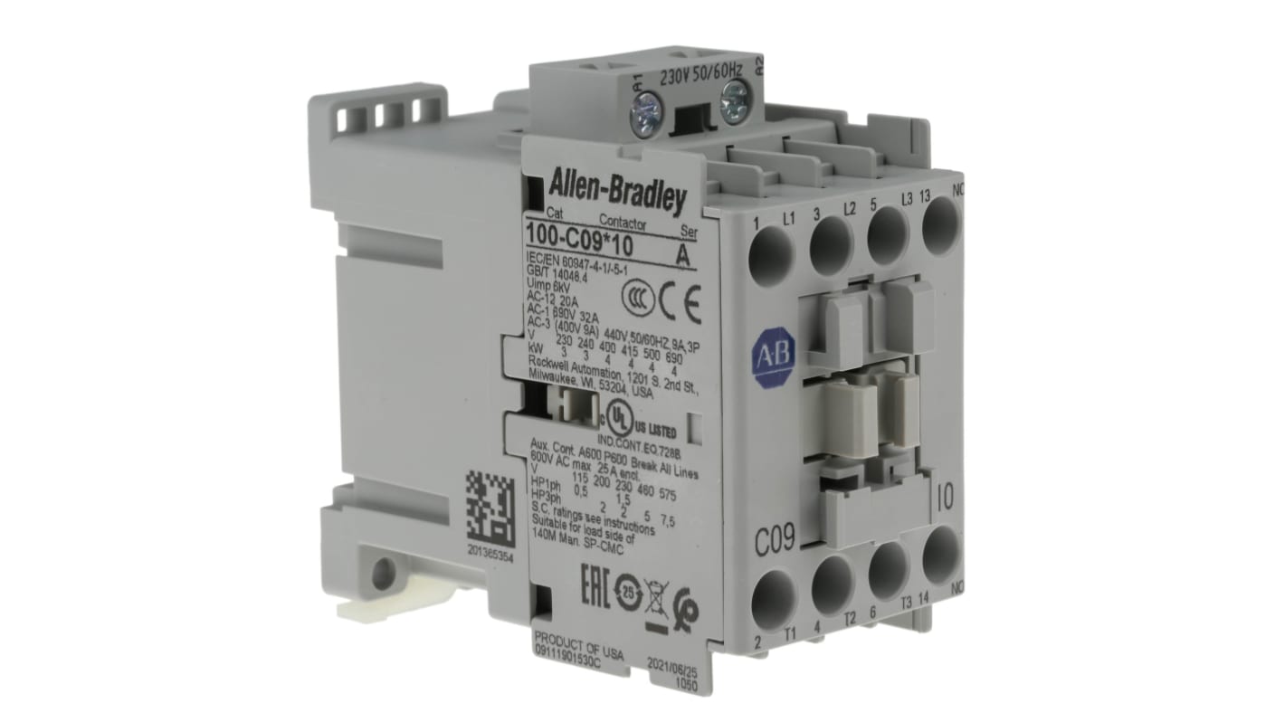 Contattore Allen Bradley 100-C09KF10, 3 poli, 9A, 4kW, 230V c.a. per controllo motori e prestazioni elevate. Conforme RoHS e protezione IP2X.
