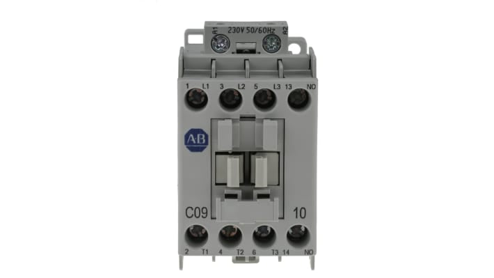 Contattore Allen Bradley 100-C09KF10, 3 poli, 9A, 4kW, 230V c.a. per controllo motori e prestazioni elevate. Conforme RoHS e protezione IP2X.