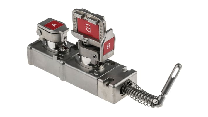 Interruttore di interblocco di sicurezza a chiave Allen Bradley Guardmaster 440T-MDALE100A0B in acciaio inox, dimensioni 60 mm x 27.4 mm, grado di protezione IP20.