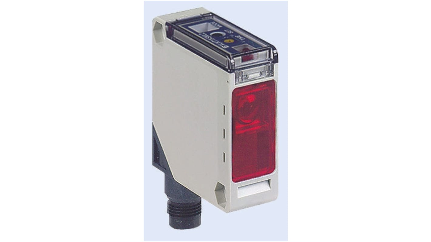 Sensore fotoelettrico compatto Telemecanique XUKT1KSMM12: rilevamento a retroriflessione fino a 1,5 m, timer integrato, IP65.