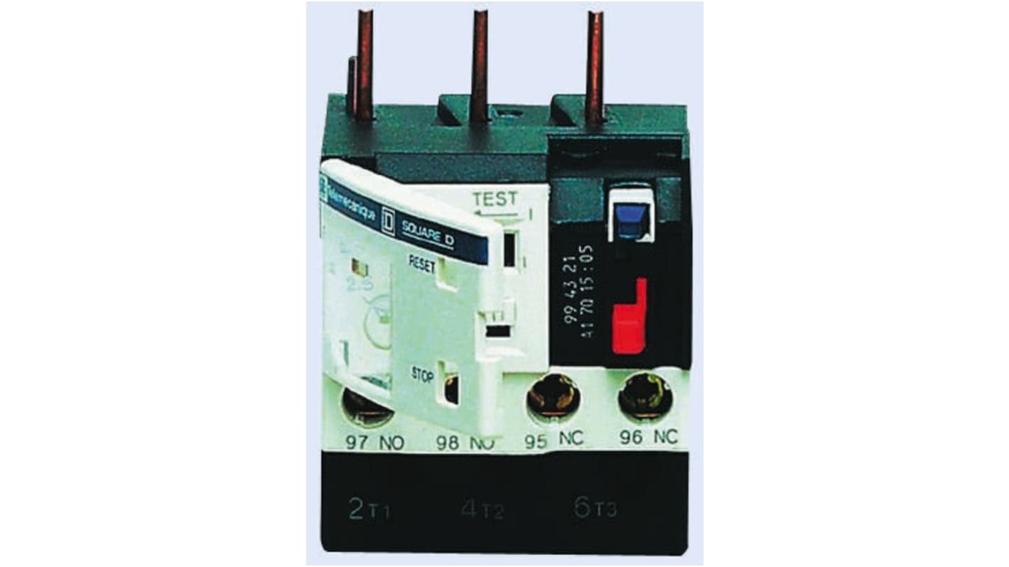 Relè di sovraccarico termico Schneider Electric LRD1514, tripolare, carico FLC 7-10 A, montaggio su guida DIN, dimensioni 45x80x66 mm.