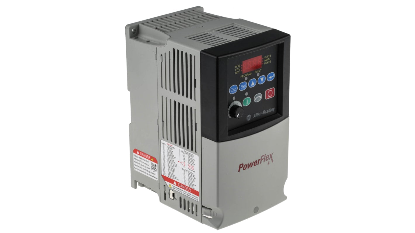 Allen Bradley 22A-D8P7N104, inverter trifase 3,7 kW, montaggio su guida DIN, dimensioni 180x100x136 mm, comunicazione ModBus.