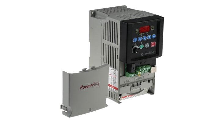 Allen Bradley 22A-D8P7N104, inverter trifase 3,7 kW, montaggio su guida DIN, dimensioni 180x100x136 mm, comunicazione ModBus.