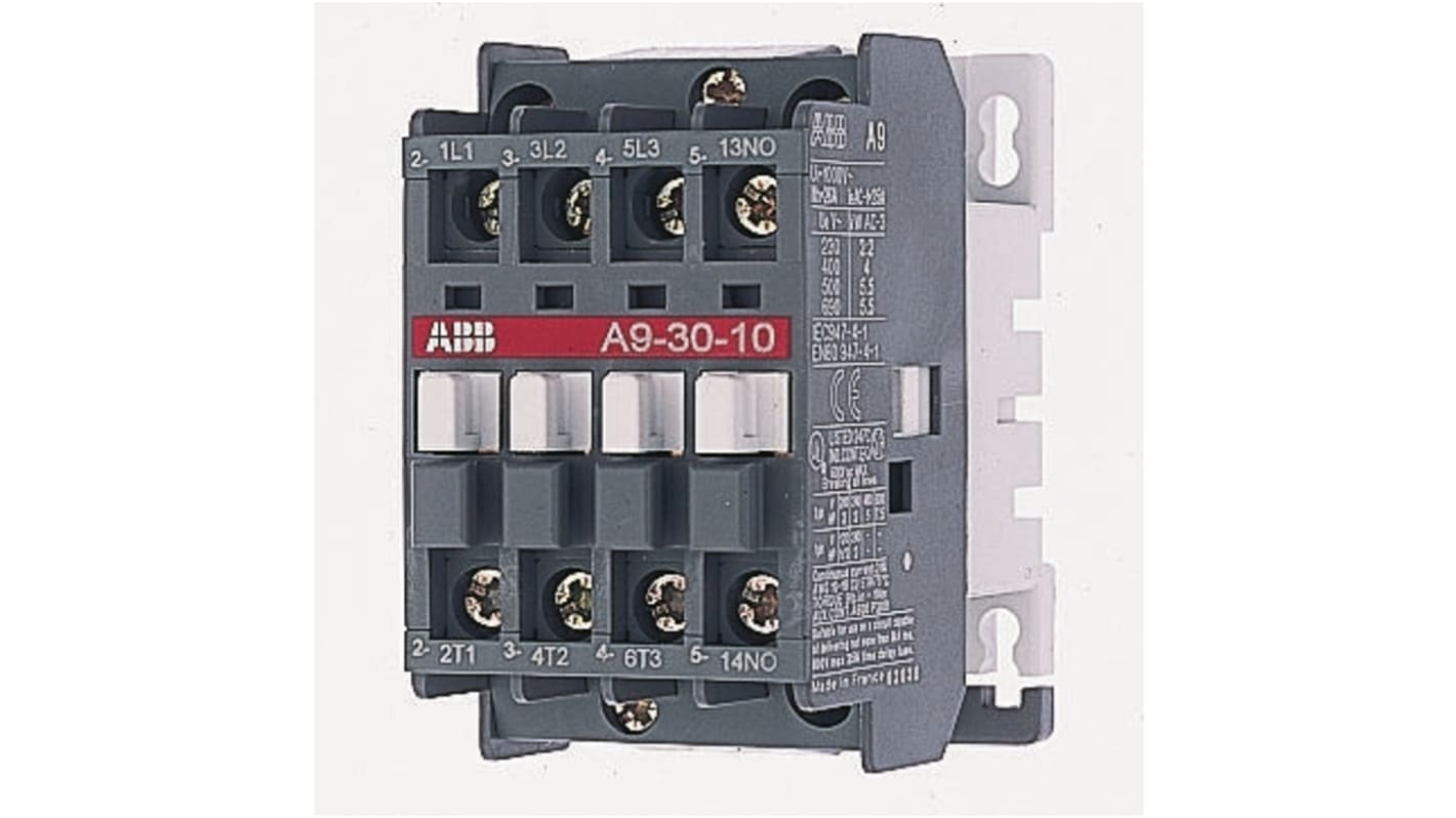 Contattore ABB A 30-30-10, 3 poli, 55 A, bobina 24 V, montaggio su guida DIN, dimensioni 90x54x108.3 mm.
