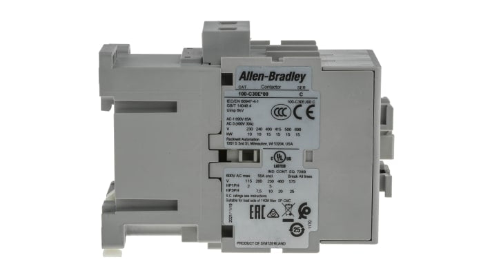 Allen Bradley 100-C30EJ00, contattore per motori 3 poli, 30 A, 24 V c.c., montaggio su guida DIN, dimensioni 81x45x104 mm.