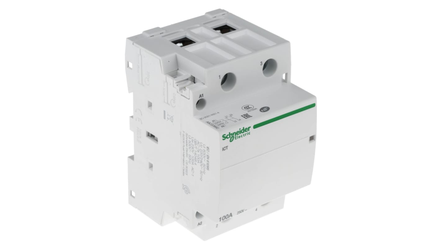 Contattore Schneider Electric A9C20882, 2 poli, 100 A, bobina 230 V, montaggio su guida DIN, dimensioni 54x85x68 mm.