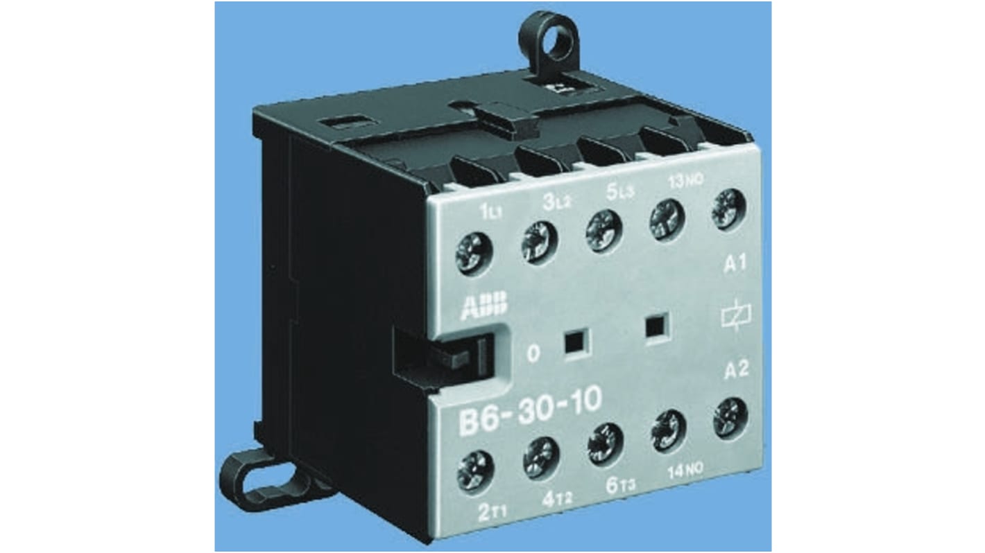 Contattore ABB GJL1313001R8011, serie B, 3 poli, 3 NA, 20 A, bobina 24 V c.c., montaggio su guida DIN, dimensioni 52,5x57,5x46,5 mm.