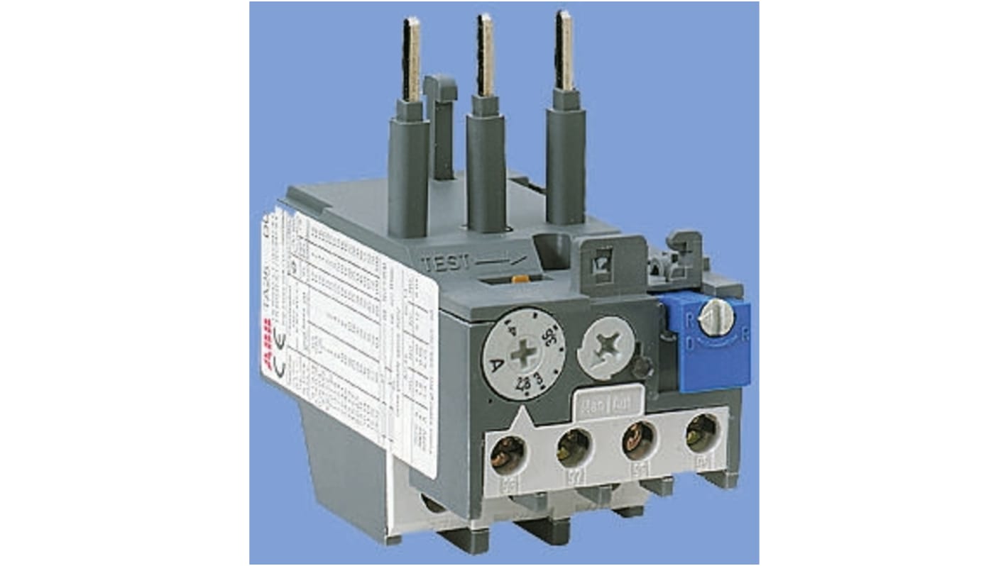 Relè di sovraccarico ABB TA 25 DU 8,50, 1 NO + 1 NC, carico 6 a 8,5 A, montaggio verticale, dimensioni 44 mm x 94 mm x 80 mm.