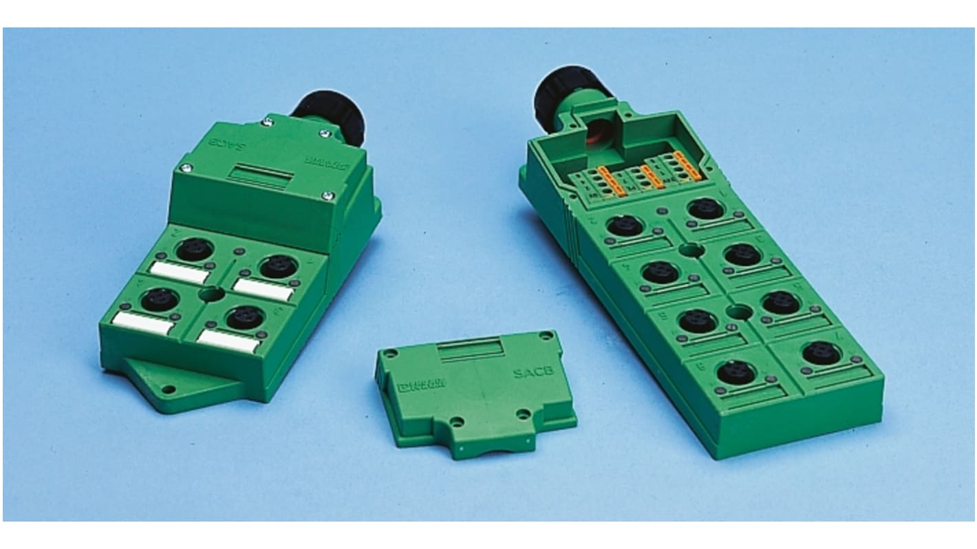 Phoenix Contact 1516810, scatola sensore extra-piatta 6 porte M12, con connettore a molla e LED per stato I/O.