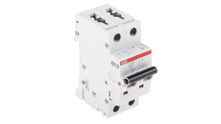 Interruttore magnetotermico bipolare ABB S202M-B10, 10A, 10 kA, montaggio su guida DIN, dimensioni 88x35x76 mm.