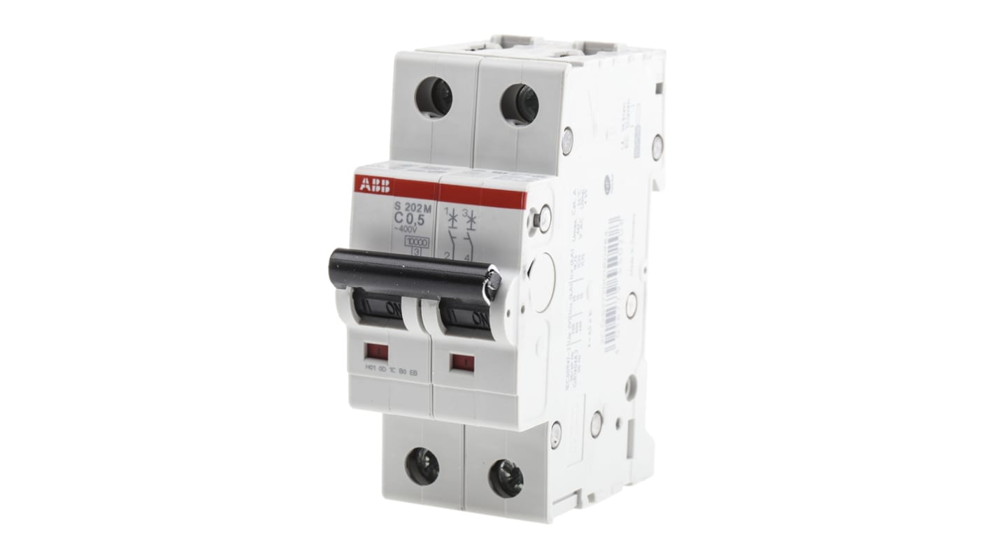 Interruttore magnetotermico bipolare ABB S202M-C0,5, 500mA, Tipo C, montaggio su guida DIN, dimensioni 35mm x 88mm x 76mm.