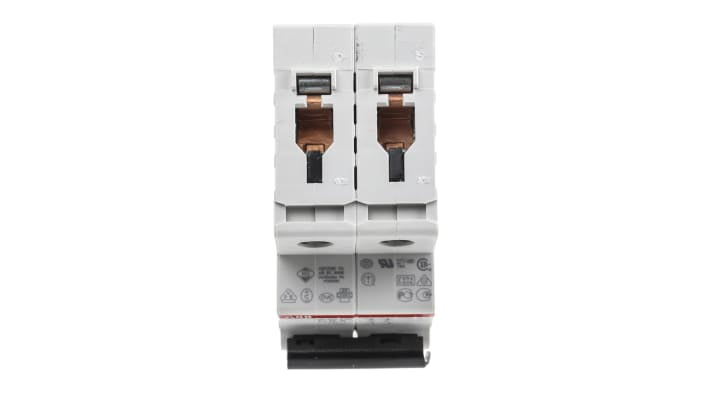 Interruttore magnetotermico bipolare ABB S202M-C0,5, 500mA, Tipo C, montaggio su guida DIN, dimensioni 35mm x 88mm x 76mm.
