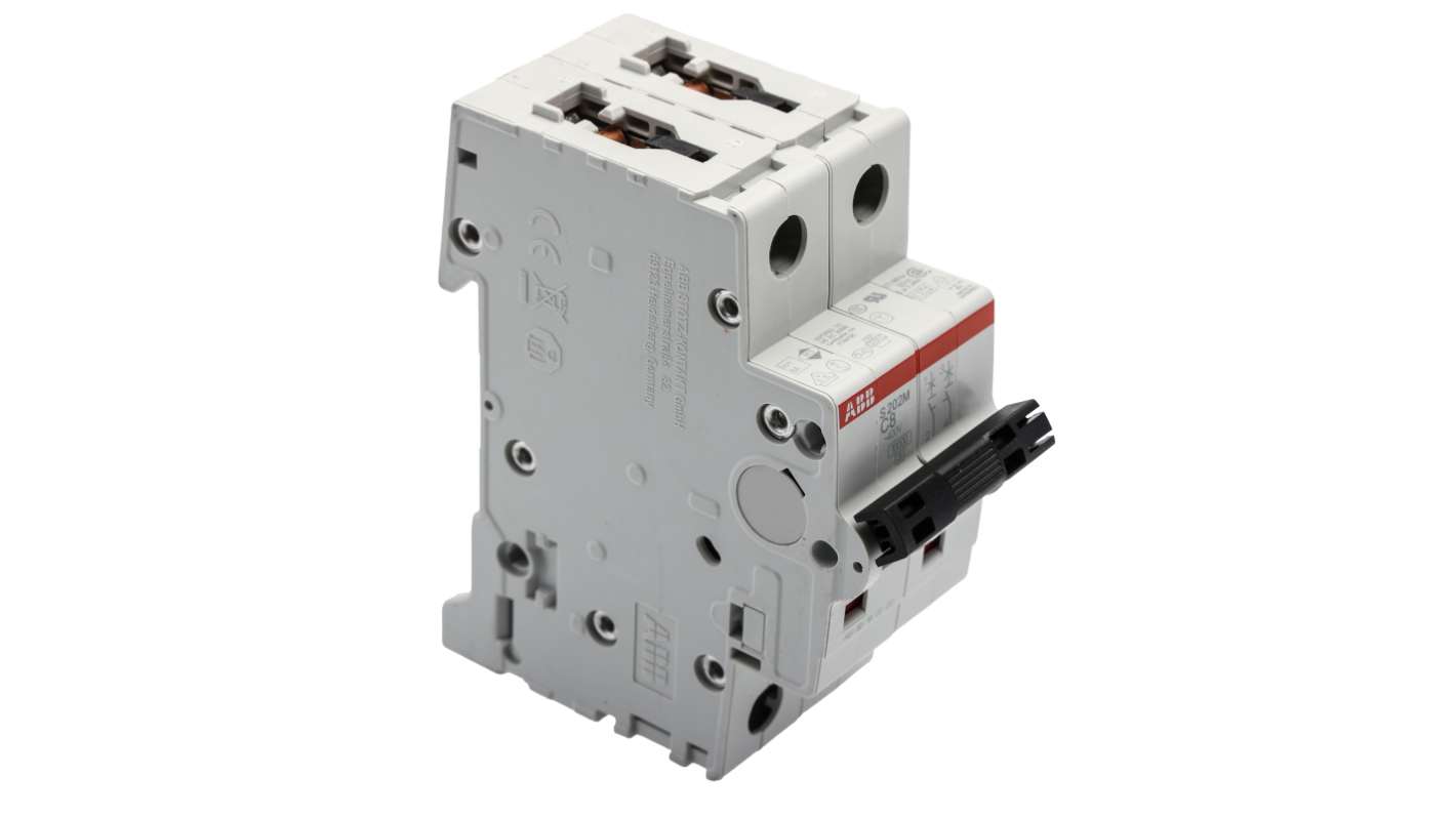 Interruttore magnetotermico bipolare ABB S202M-C8, 8A, 10 kA, montaggio su guida DIN, dimensioni 35mm x 88mm x 76mm.