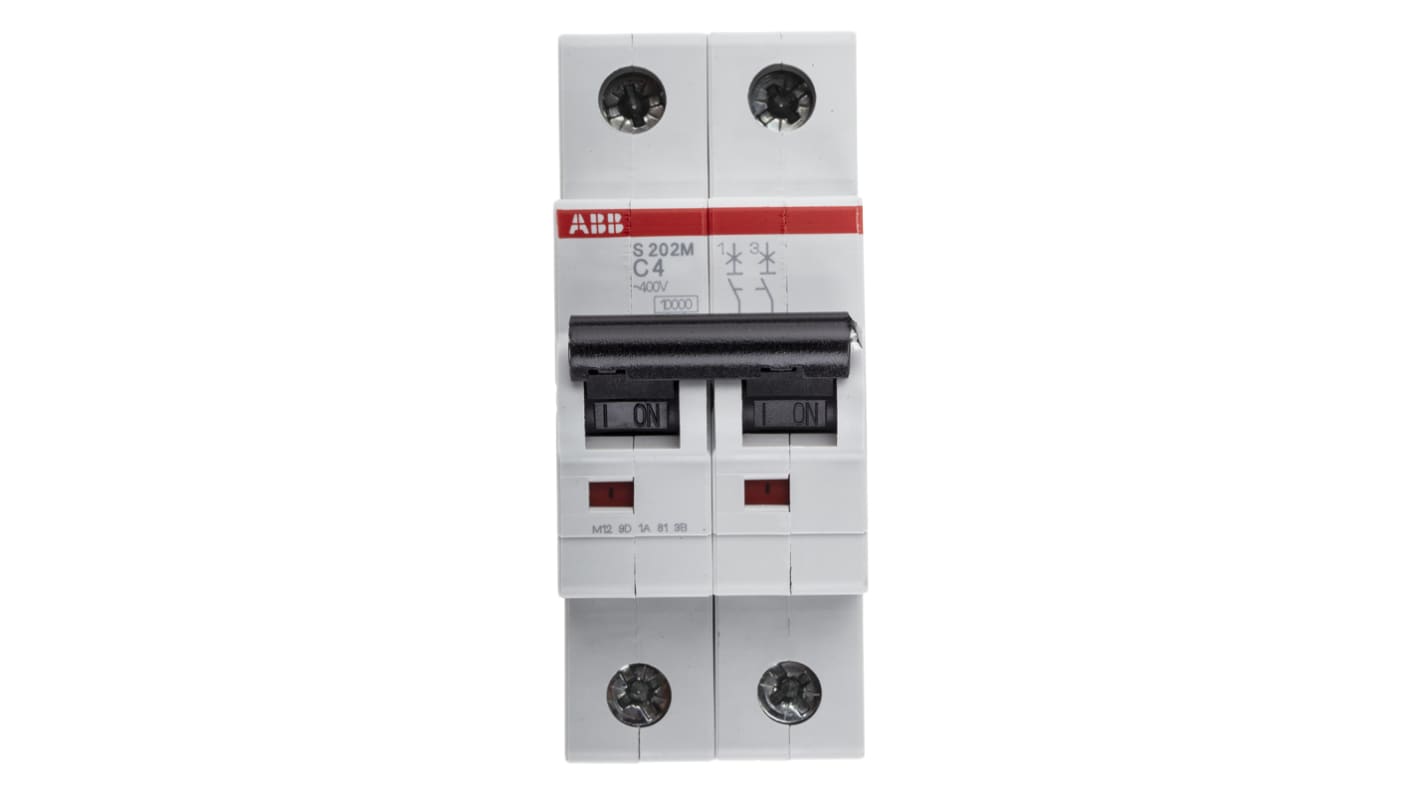 Interruttore magnetotermico ABB S202M-C4, Tipo C, 4 A, 10 kA, montaggio su guida DIN, dimensioni 88x35x76 mm.
