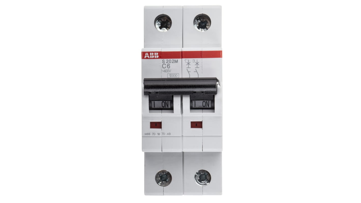 Interruttore magnetotermico ABB S202M-C6, 2P 6A, 10 kA, montaggio su guida DIN, dimensioni 88x35x76 mm, grado di protezione IP20.