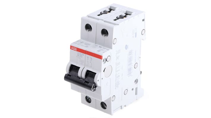 Interruttore magnetotermico bipolare ABB S202M-B20, 20A, 10 kA, montaggio su guida DIN, dimensioni 88x35x76 mm.