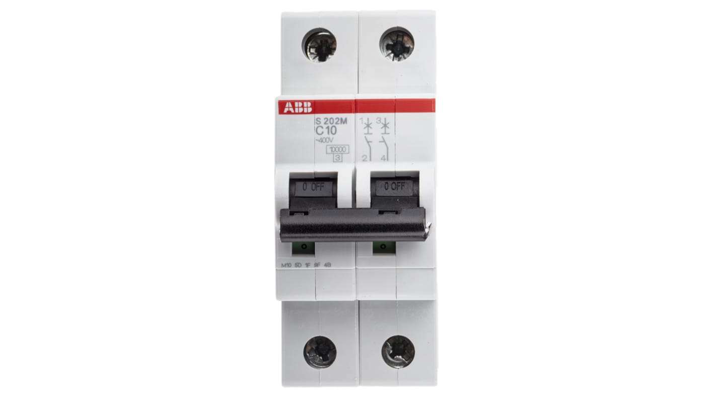 Interruttore magnetotermico ABB S202M-C10, 2P 10A, montaggio su guida DIN, dimensioni 35x88x76 mm, grado di protezione IP20.