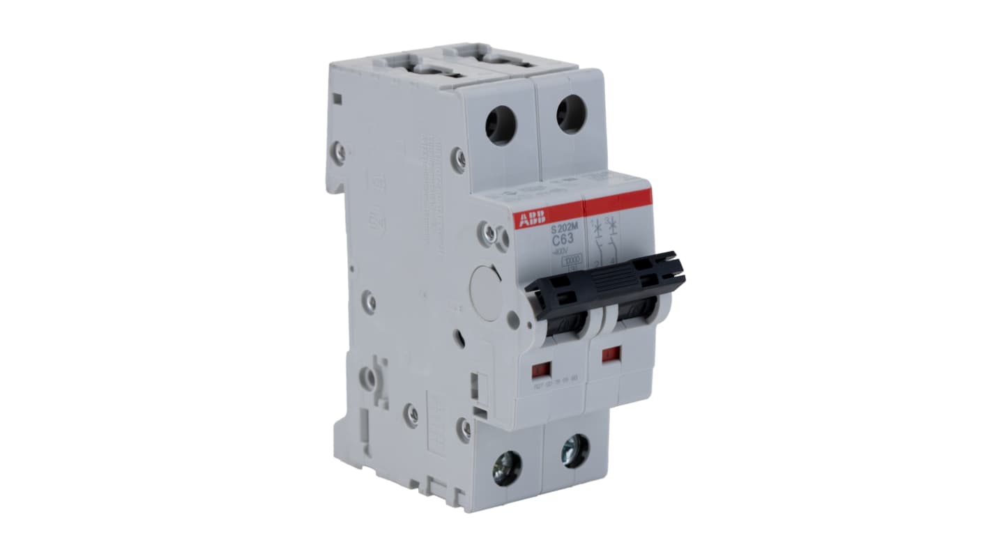 Interruttore magnetotermico ABB S202M-C63, bipolare 2P 63A, montaggio su guida DIN, dimensioni 35mm x 88mm x 76mm.