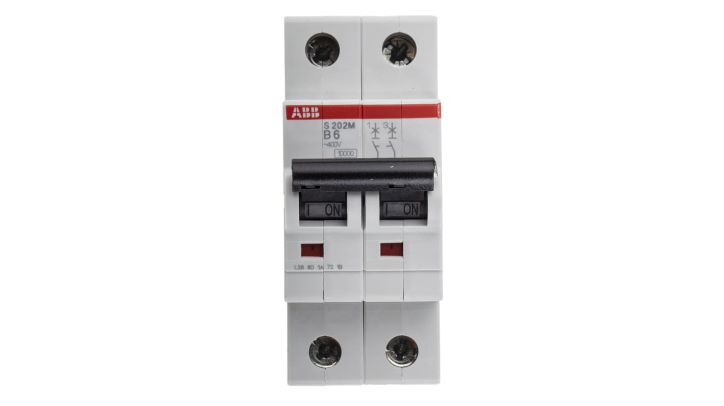 Interruttore magnetotermico bipolare ABB S202M-B6, 6A, 10 kA, montaggio su guida DIN, dimensioni 88x35x76 mm.