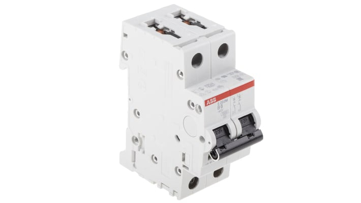 Interruttore magnetotermico bipolare ABB S202M-B6, 6A, 10 kA, montaggio su guida DIN, dimensioni 88x35x76 mm.