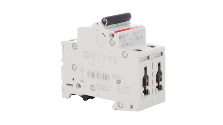 Interruttore magnetotermico ABB S202M-C20, bipolare 20A, montaggio su guida DIN, dimensioni 76mm x 35mm x 88mm.