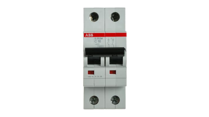 Interruttore magnetotermico ABB S202M-C16, 2 poli, 16 A, montaggio su guida DIN, dimensioni 88 x 35 x 76 mm.