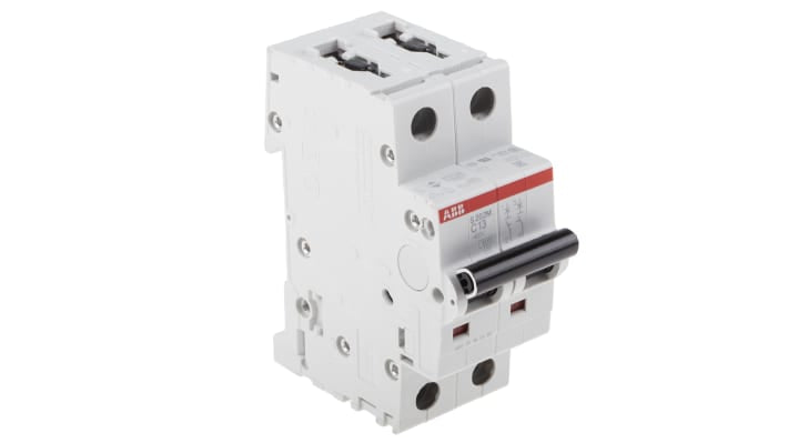 Interruttore magnetotermico ABB Tipo C, bipolare, 2P 13A, 10 kA, montaggio su guida DIN, dimensioni 35mm x 88mm x 76mm.