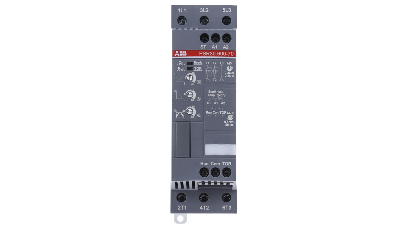 ABB 1SFA896109R7000, avviatore soft-start manuale 3 fasi, 15 kW, montaggio su guida DIN, dimensioni 128x45x160 mm.