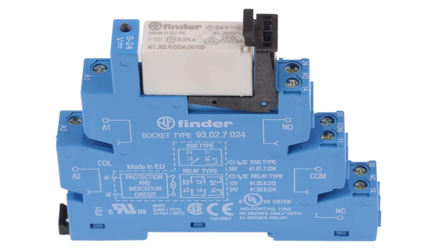 Finder 38.52.7.024.0050, relè d'interfaccia DPDT per guida DIN, 24V cc, 8A, dimensioni 89.7 x 14 x 77.1 mm.