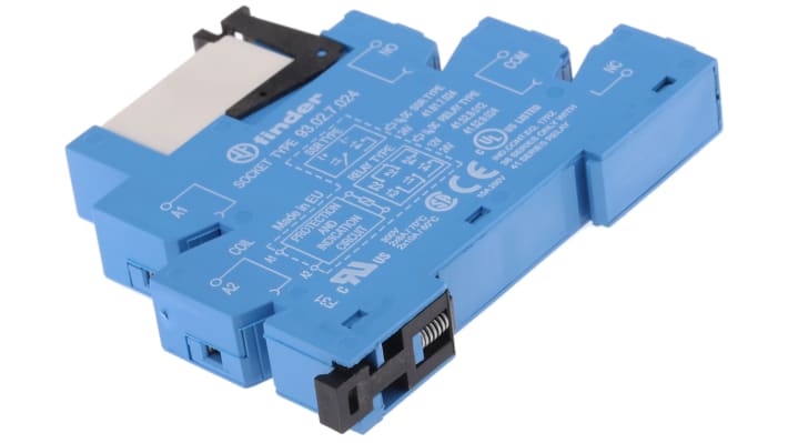 Finder 38.52.7.024.0050, relè d'interfaccia DPDT per guida DIN, 24V cc, 8A, dimensioni 89.7 x 14 x 77.1 mm.