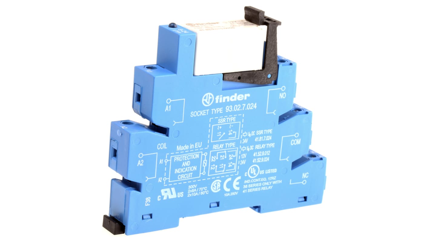 Finder 38.52.7.012.0050, relè d'interfaccia DPDT per guida DIN, bobina 12V cc, dimensioni 89,7 x 14 x 77,1 mm.